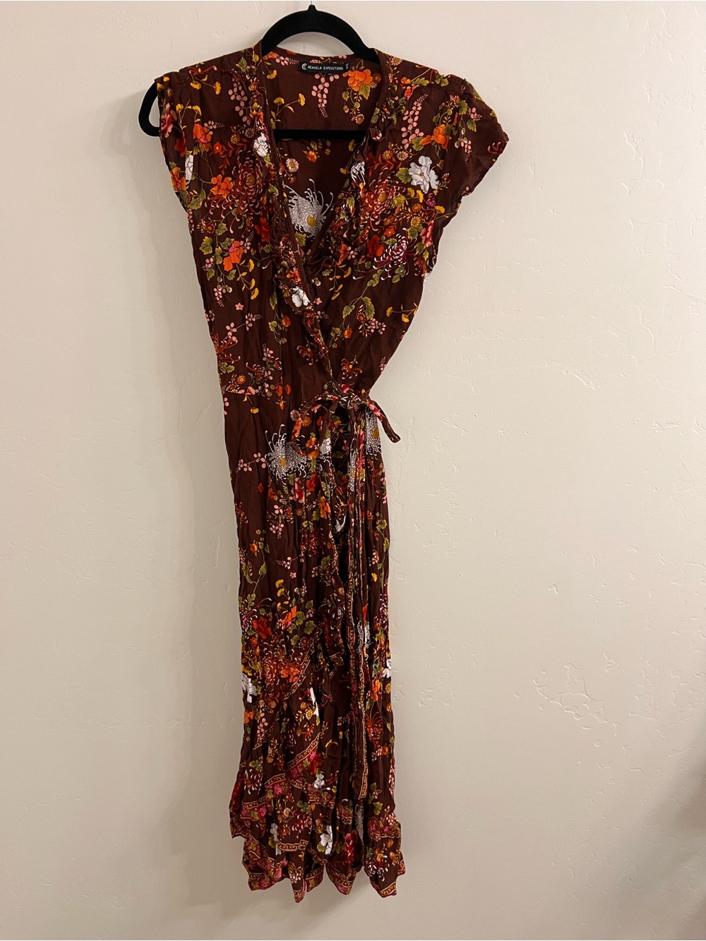 Burgundy Floral Wrap Dress with Tie Waist and Cap Sleeves